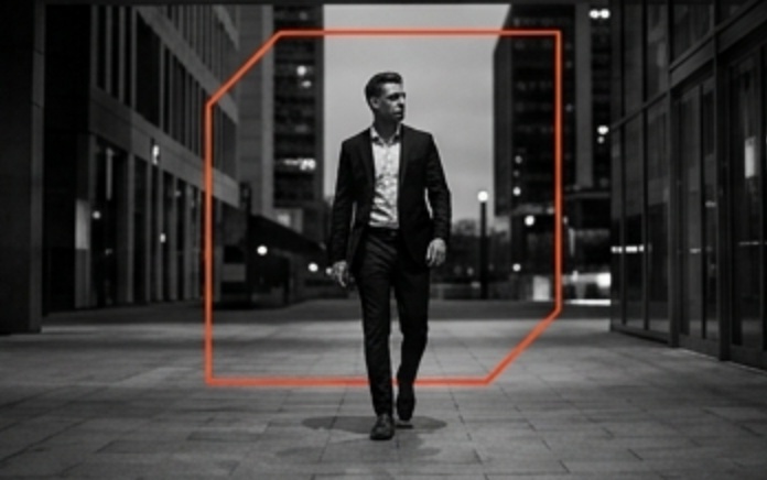 Man stepping across an urban architectural threshold — THE FIRST